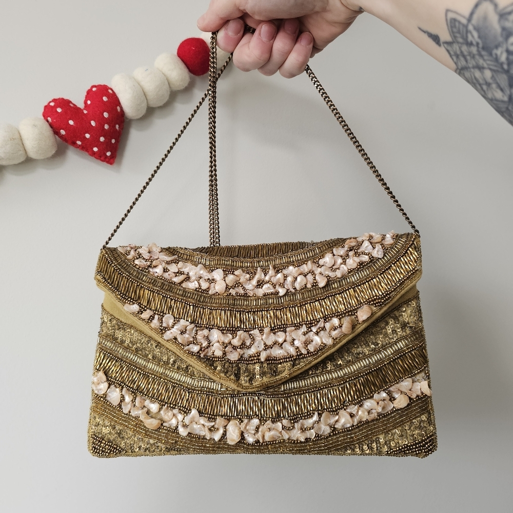 Sfera Femme Collection Vintage Inspired Brass,‎ Gold Beaded, Alabaster Crossbody